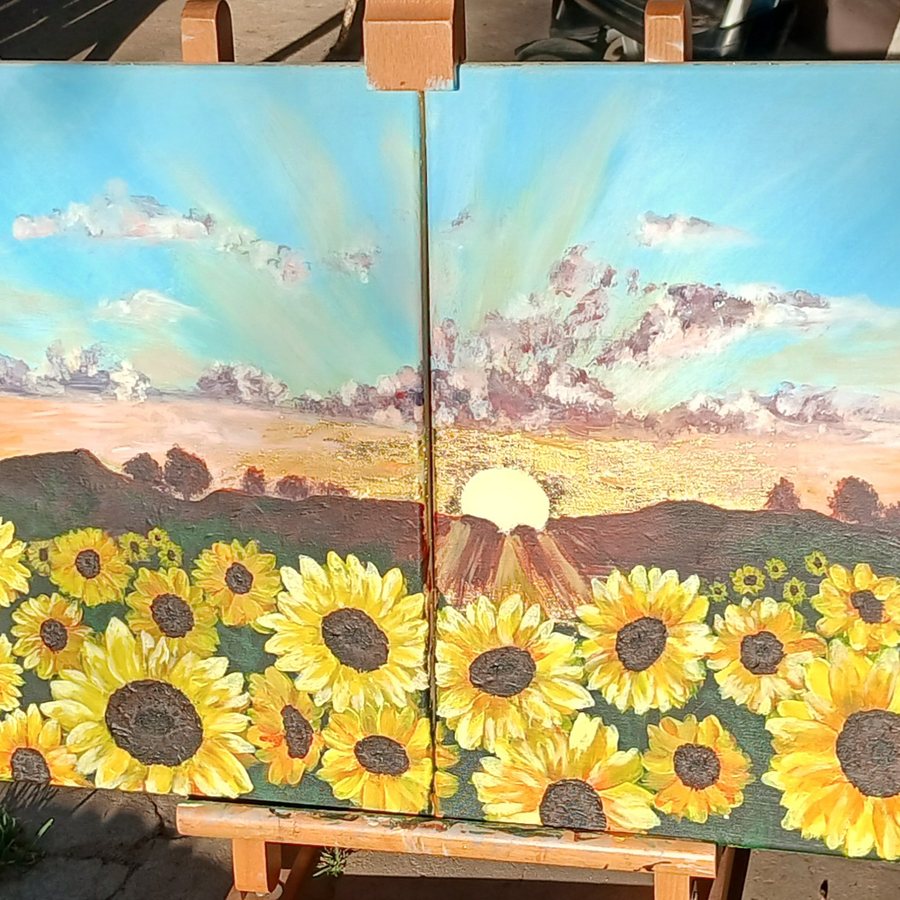 Two-panel painting of a sunflower field at sunset