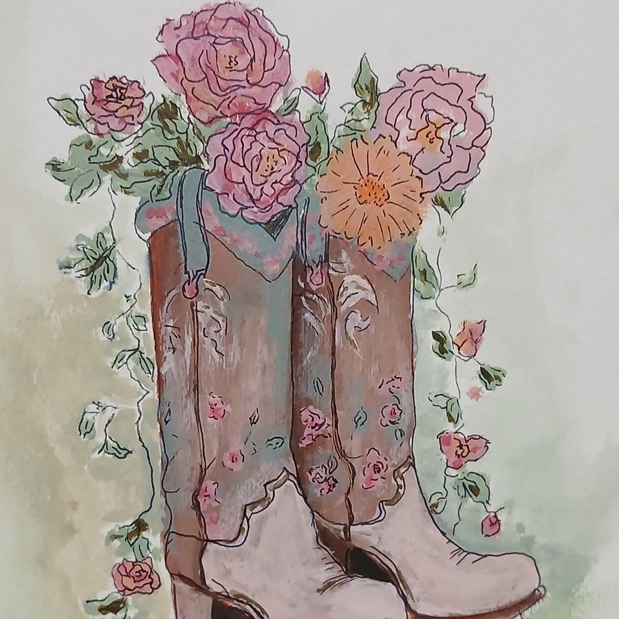 Watercolour of cowboy boots filled with roses