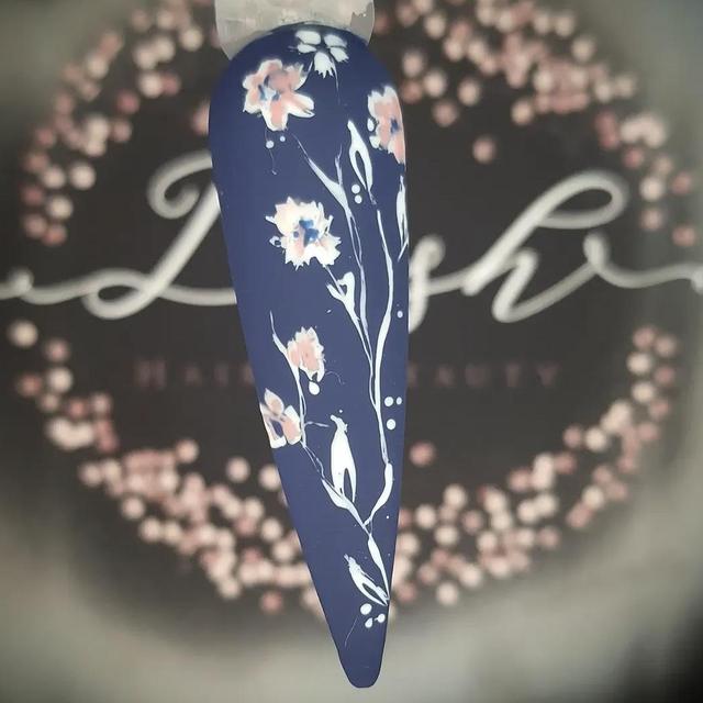 Navy floral hand-painted nail art